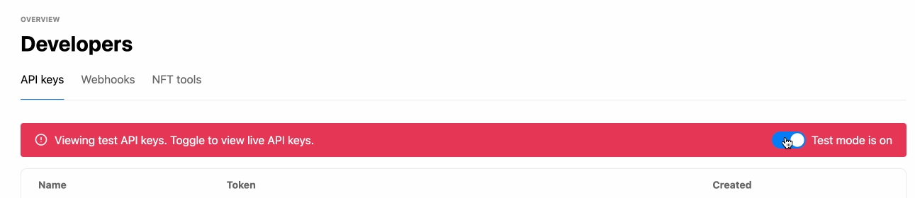 Toggle between test and live keys in your MoonPay Dashboard