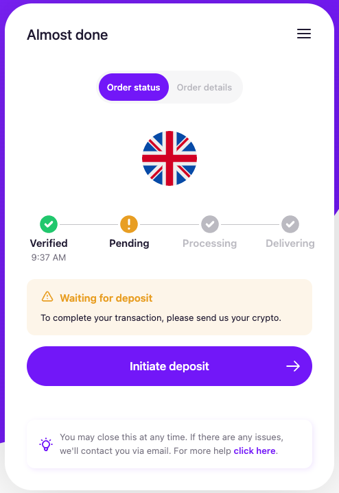 `onInitiateDeposit` button in the widget